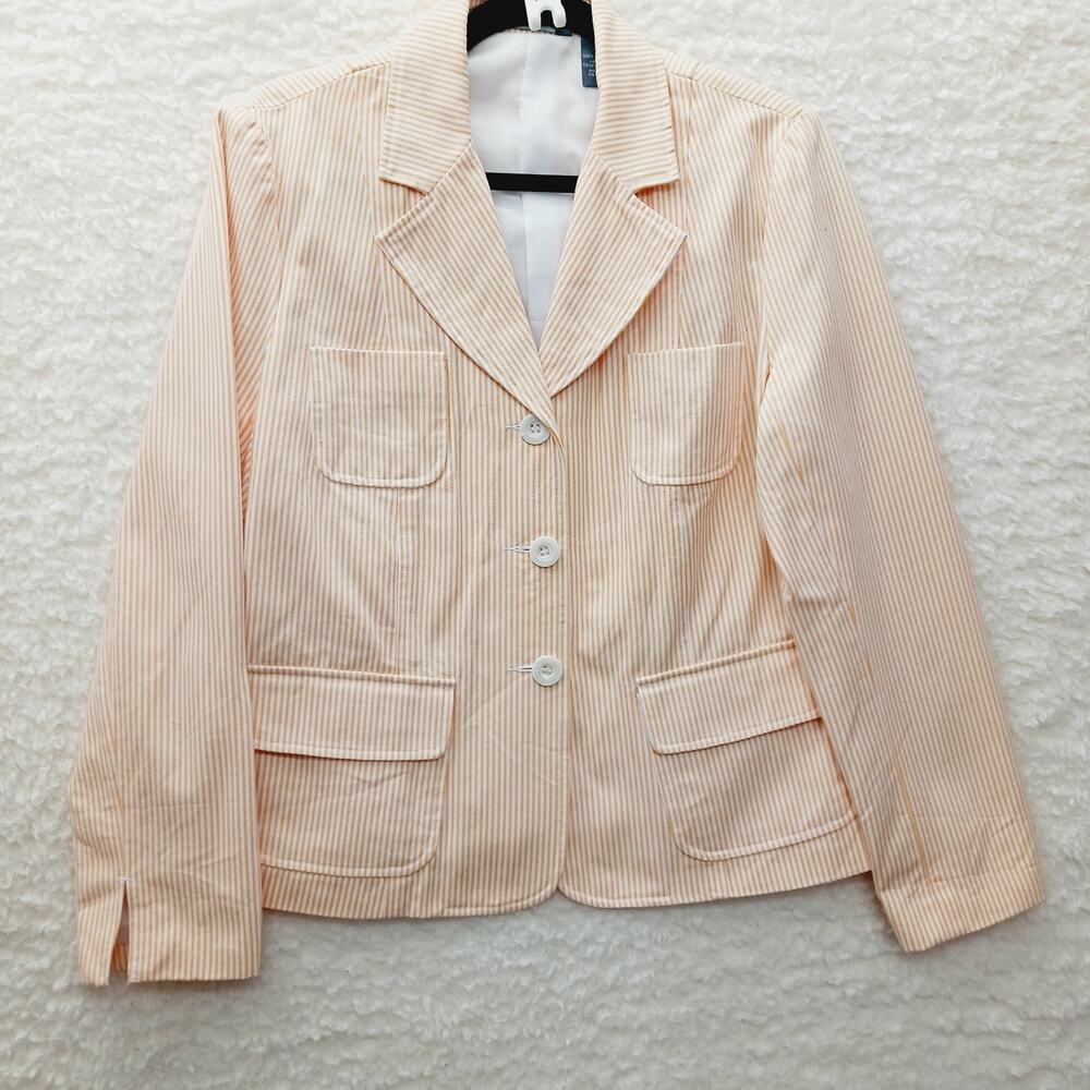 Jacket Women Hillard & Hanson Cotton Orange Stripe Button Pockets Lined Size L